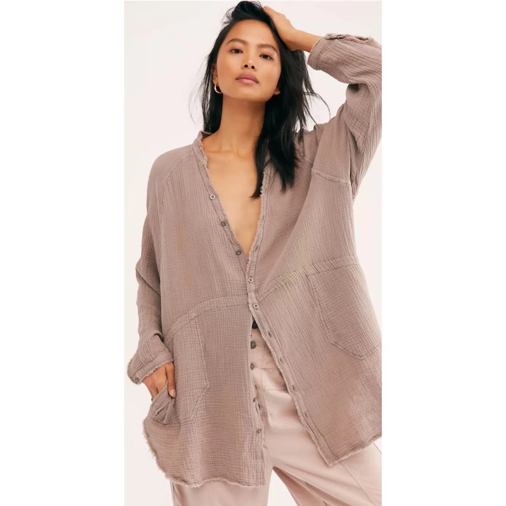 Free People Summer Daydream Gauze Cotton Oversized Button Down Shirt